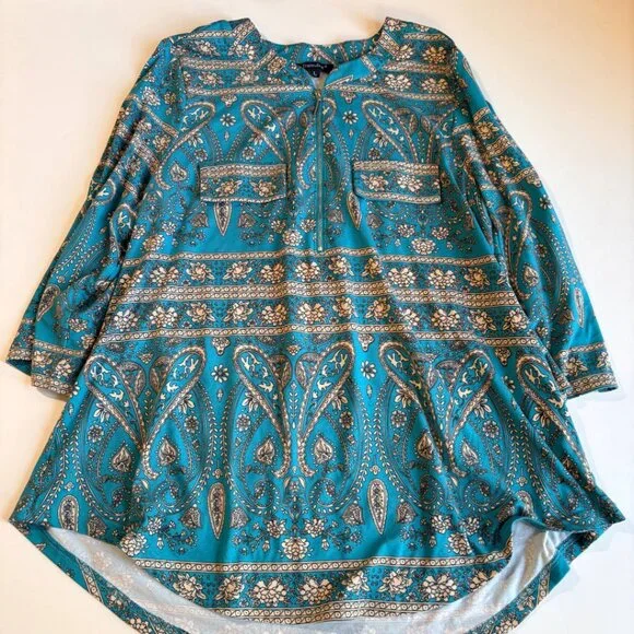 Traleubie Turquoise Paisley Zip Tunic Top whimsigoth Swing Blouse L - Picture 2 of 8